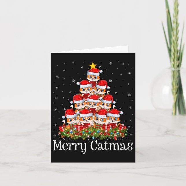 Cat Christmas Tree Lights Santa Funny Cat Lover Me Card (Front)