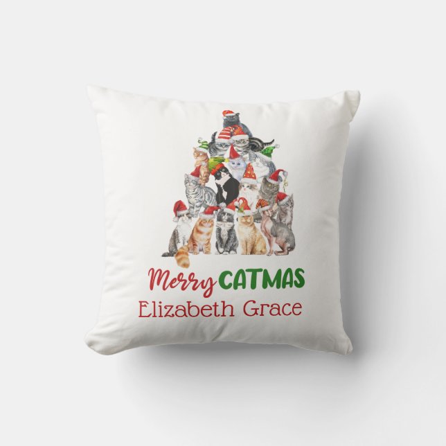 Cat Christmas Tree Merry Catmus Cat Lovers Gift  Throw Pillow (Front)