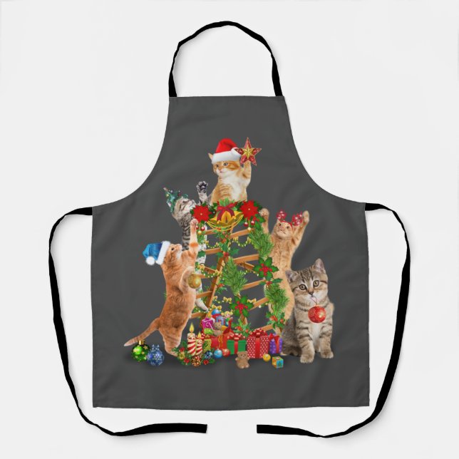 Cat Christmas Tree Ugly Christmas Cat Mom Cat Dad Apron (Front)