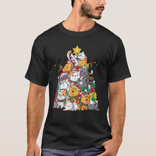 Cat Christmas Tree Xmas Girls Boys Funny Meowy Cat T-Shirt (Front)