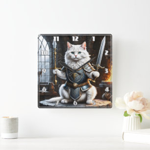 Cat Clad in Armour Wielding Sword and Spear Square Wall Clock