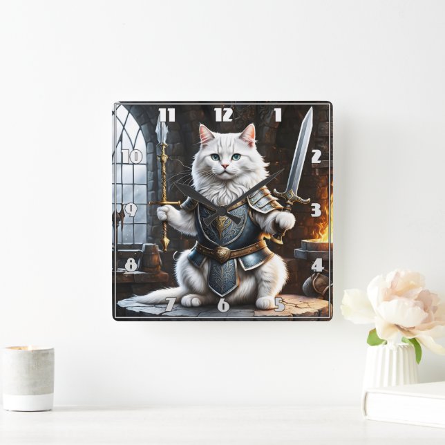 Cat Clad in Armour Wielding Sword and Spear Square Wall Clock (Home)