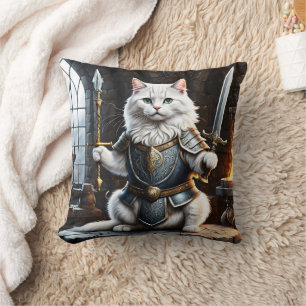 Cat Clad in Armour Wielding Sword and Spear Throw Pillow