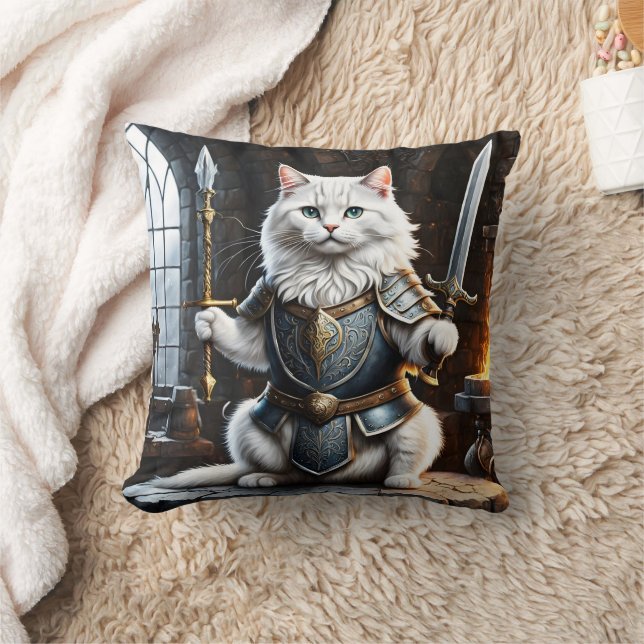 Cat Clad in Armour Wielding Sword and Spear Throw Pillow (Blanket)