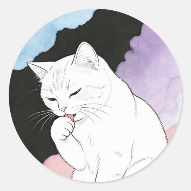 Cat Cleaning Its Paw Classic Round Sticker (Front)