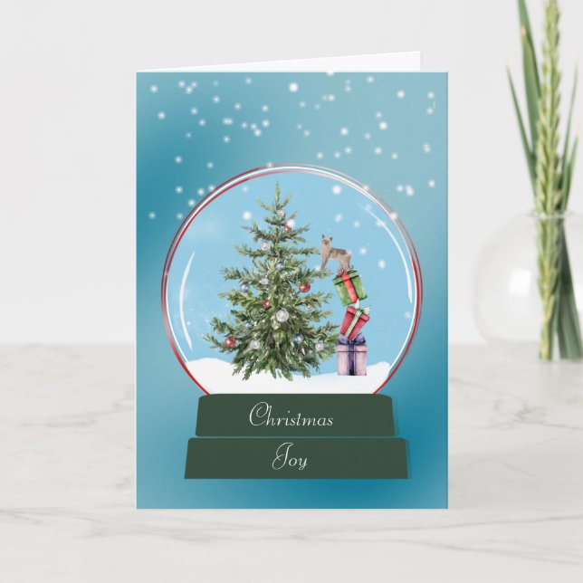 Cat Climbing a Tree Snow Globe Christmas Card (Front)