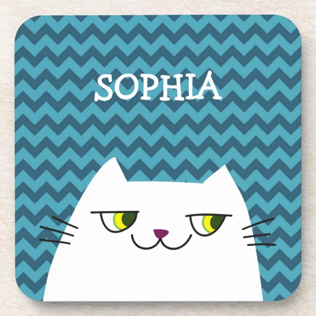 Cat Coaster Monogram Blue Chevron Cute (Front)
