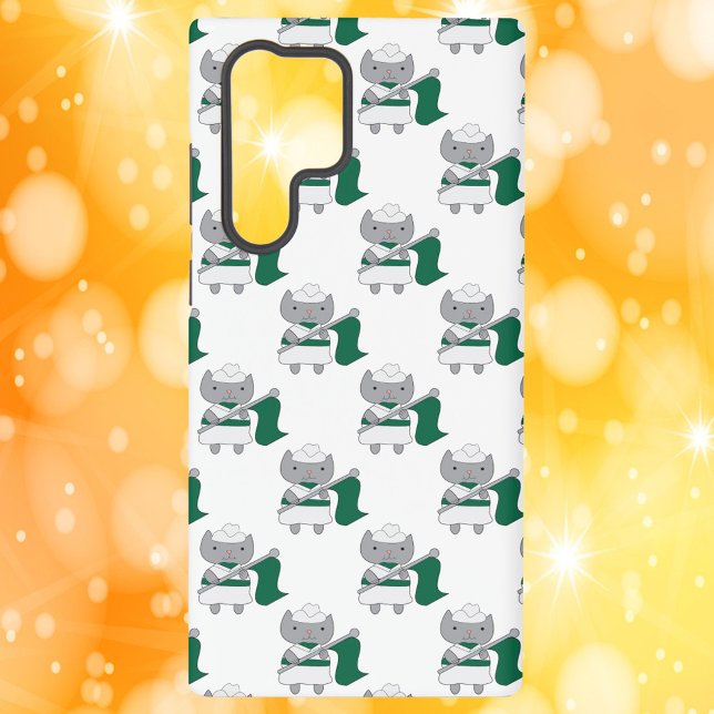 Cat Colour Guard Green and White Pattern Samsung Galaxy S22 Ultra Case (A phone case with a gray cat in a green and white color guard uniform.)