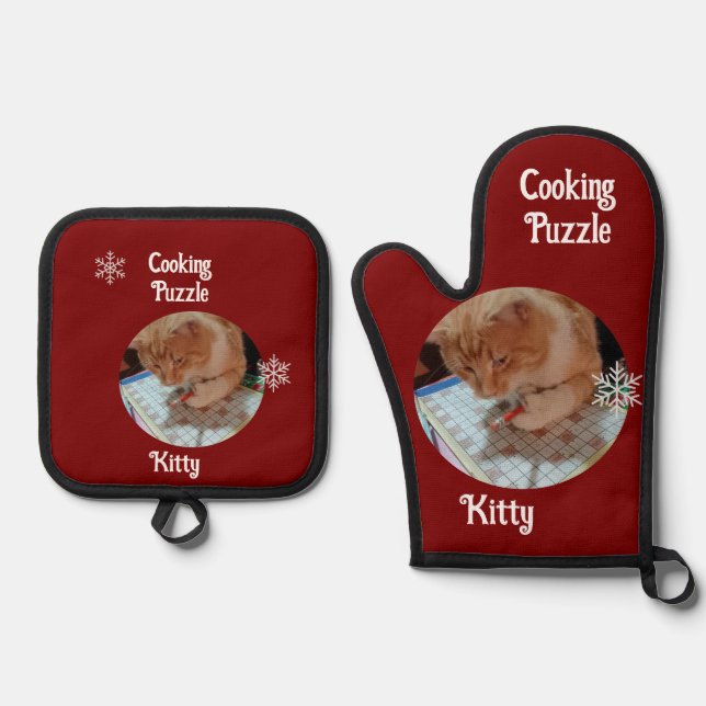 Cat Cooking Puzzle , humor text, customize  Oven Mitt & Pot Holder Set (Front)
