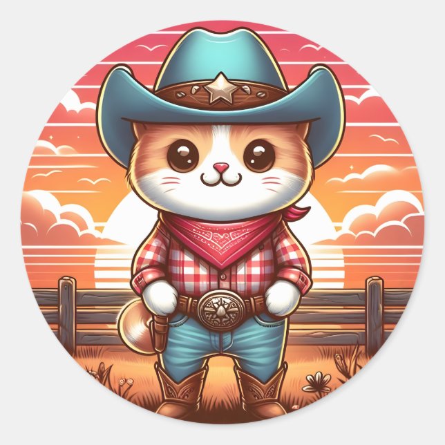 cat cowboy sunset classic round sticker (Front)