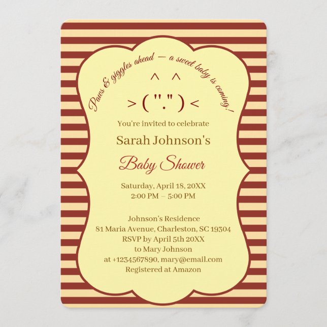 Cat Cream Burgundy Stripes Baby Shower  Invitation (Front)
