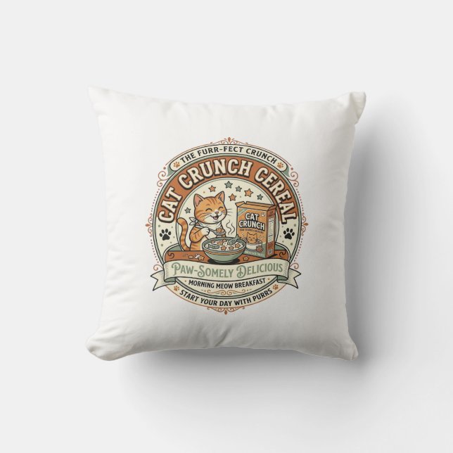 Cat Crunch Cereal Cat Breakfast Cereal Box Cat Vin Throw Pillow (Front)