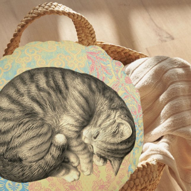 Cat curled up sleeping on quilt cute cozy round pillow (Creator Uploaded)