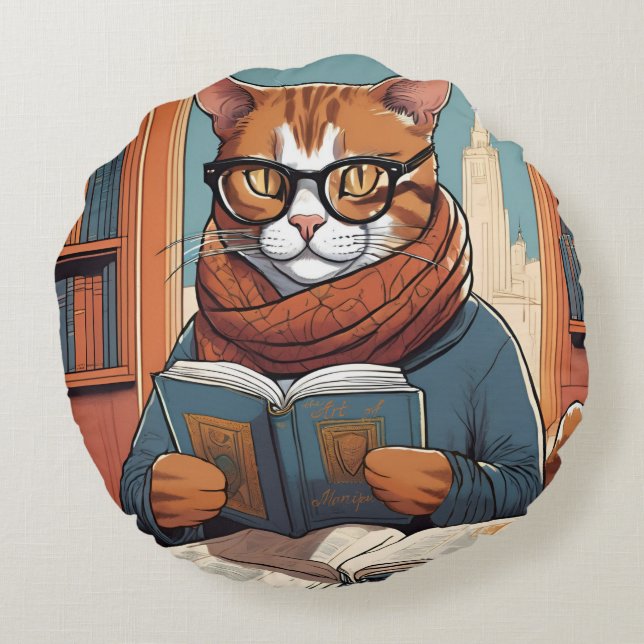 Cat cushion. Cute Cat reading a book.  Round Pillow (Back)