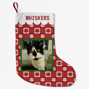 Cat Custom Add Photo Name   Red Kitty Gingham Cute Small Christmas Stocking