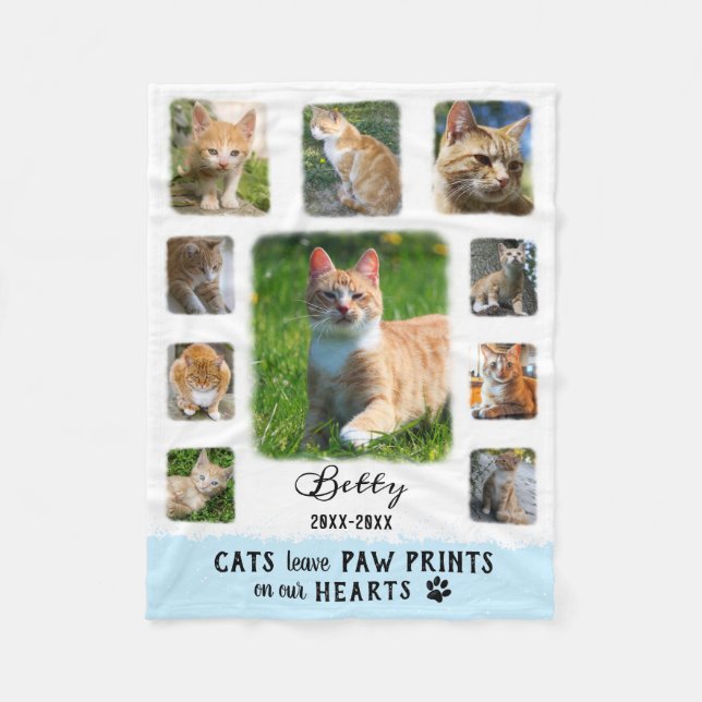 Cat Custom Photo Collage Faded Borders White Blue Fleece Blanket (Front)