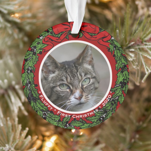 Cat Custom photo Name First Christmas wreath Ornament (Tree)
