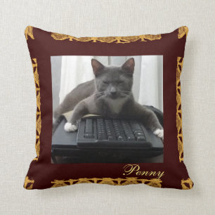 Cat Customizable Pet Photo Maroon & Gold Throw Pillow