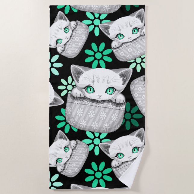Cat Cute and Playful peaking from a Pocket Beach Towel (Front)