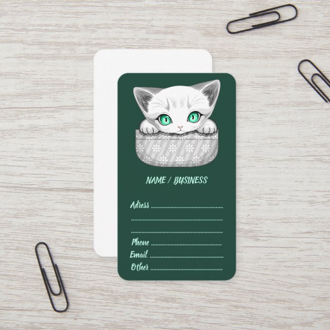Cat Cute and Playful peaking from a Pocket Business Card (Front/Back In Situ)
