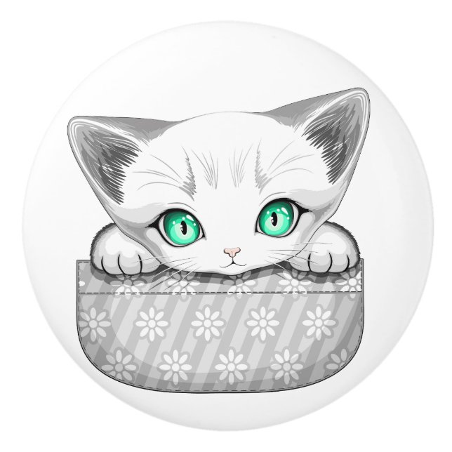 Cat Cute and Playful peaking from a Pocket Ceramic Knob (Front)