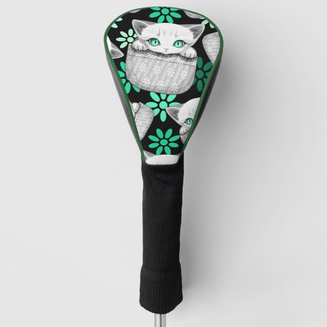 Cat Cute and Playful peaking from a Pocket Golf Head Cover (Front)