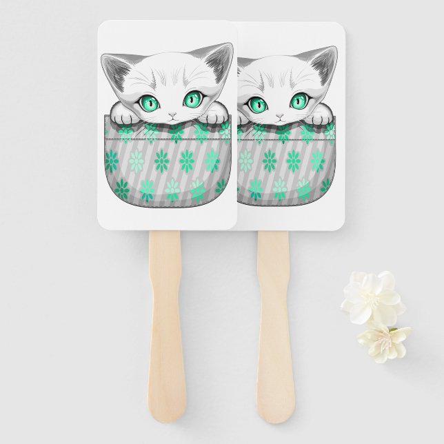 Cat Cute and Playful peaking from a Pocket Hand Fan (Front and Back)