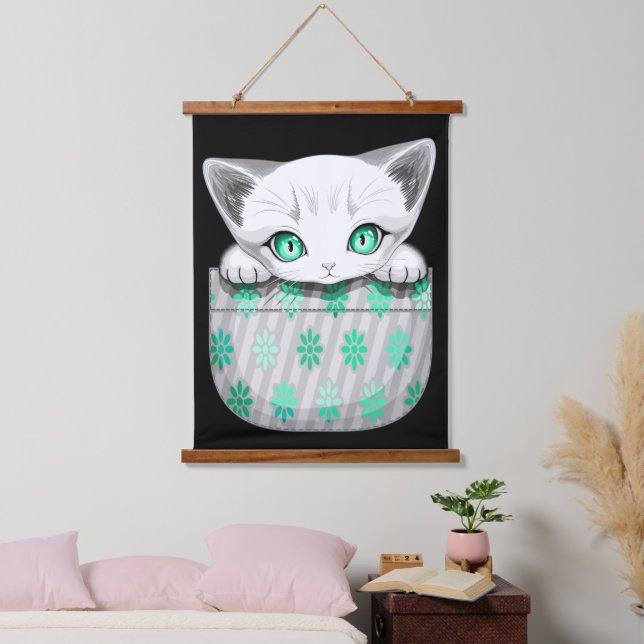 Cat Cute and Playful peaking from a Pocket Hanging Tapestry (Bedroom)