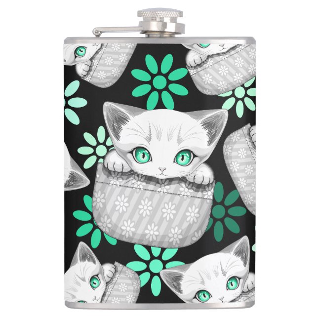 Cat Cute and Playful peaking from a Pocket Hip Flask (Front)