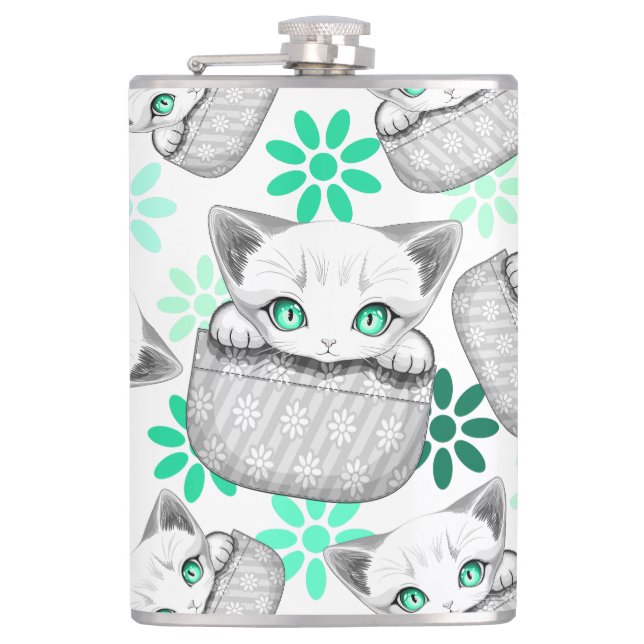 Cat Cute and Playful peaking from a Pocket Hip Flask (Front)