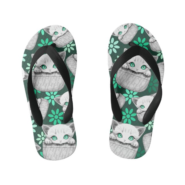 Cat Cute and Playful peaking from a Pocket Kid's Flip Flops (Footbed)