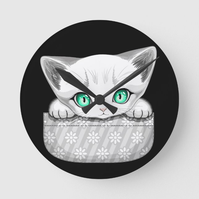 Cat Cute and Playful peaking from a Pocket Round Clock (Front)