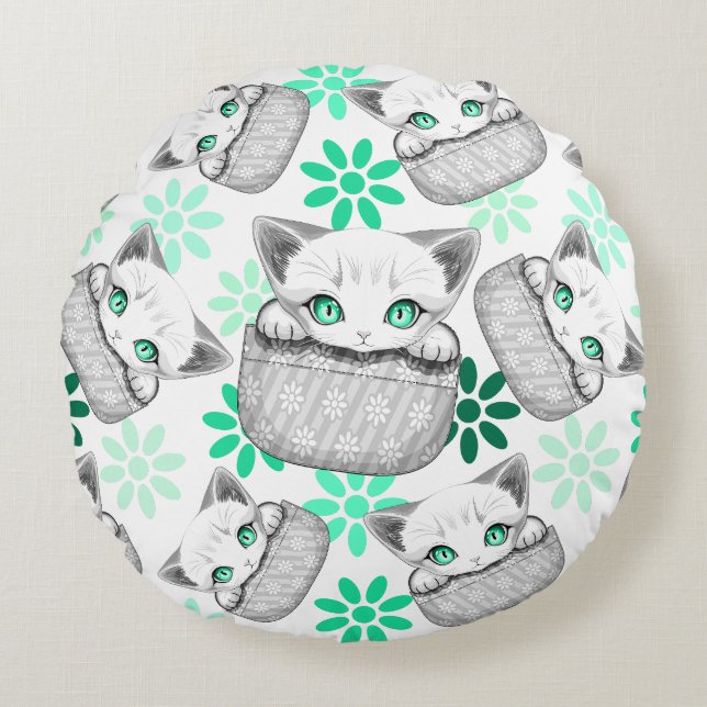 Cat Cute and Playful peaking from a Pocket Round Pillow (Front)