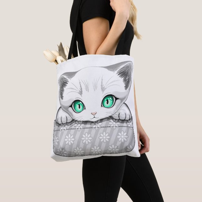 Cat Cute and Playful peaking from a Pocket Tote Bag (Close Up)