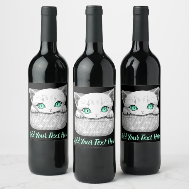 Cat Cute and Playful peaking from a Pocket Wine Label (Bottles)