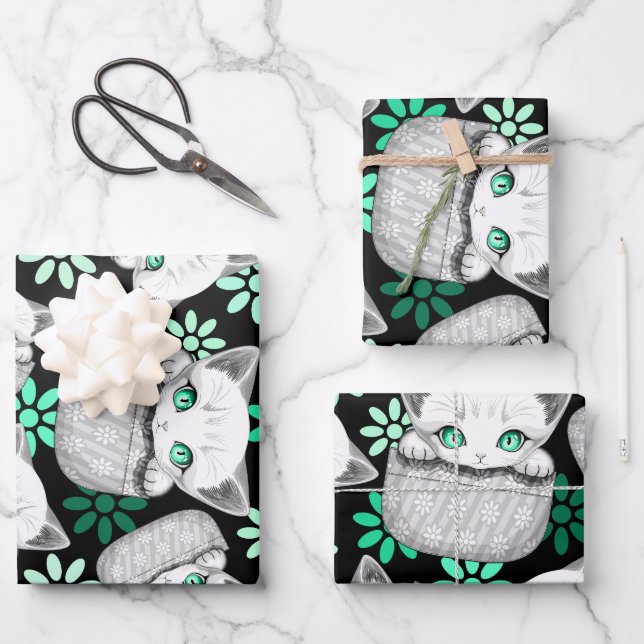 Cat Cute and Playful peaking from a Pocket Wrapping Paper Sheet (Front)