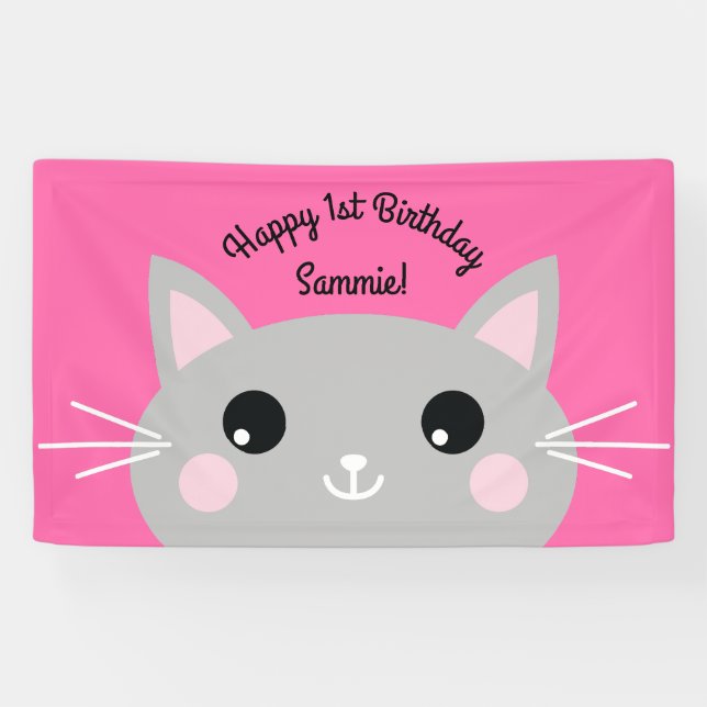 Cat Cute Kitty Colourful 1st Birthday Party Theme Banner (Horizontal)