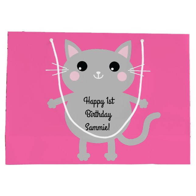 Cat Cute Kitty Colourful 1st Birthday Party Theme Large Gift Bag (Back)