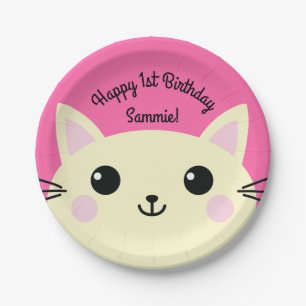Cat Cute Kitty Colourful 1st Birthday Party Theme Paper Plate
