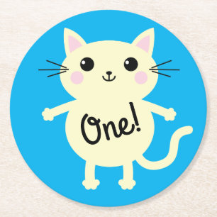 Cat Cute Kitty Colourful 1st Birthday Party Theme Round Paper Coaster