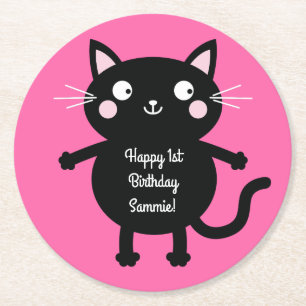 Cat Cute Kitty Colourful 1st Birthday Party Theme Round Paper Coaster