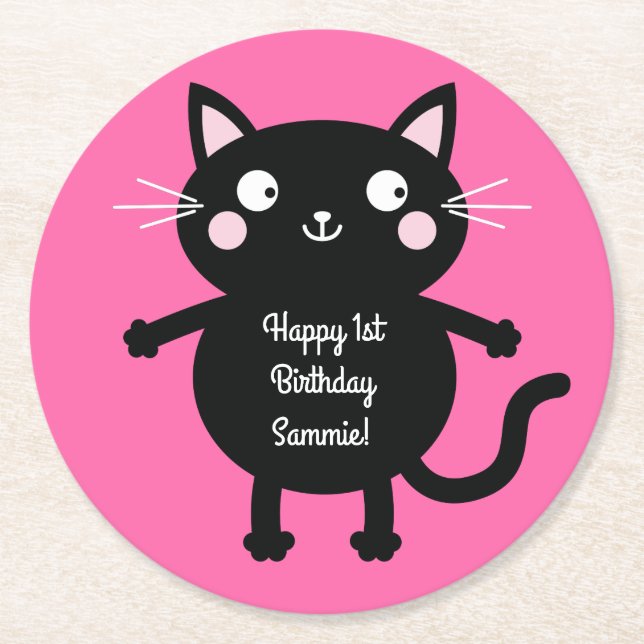 Cat Cute Kitty Kid's Birthday Party Theme Round Paper Coaster (Front)