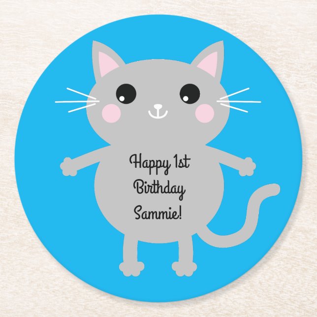 Cat Cute Kitty Kid's Birthday Party Theme Round Paper Coaster (Front)