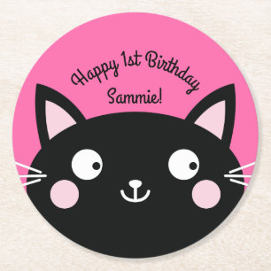 Cat Cute Kitty Kid's Birthday Party Theme Round Paper Coaster