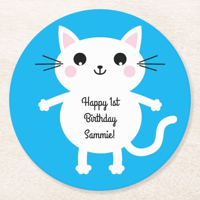 Cat Cute Kitty Kid's Birthday Party Theme Round Paper Coaster (Front)