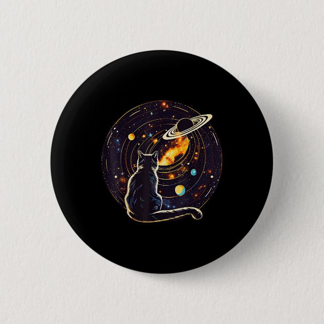Cat Dad, Lover _ Cat Staring At Planet Saturn  2 Inch Round Button (Front)