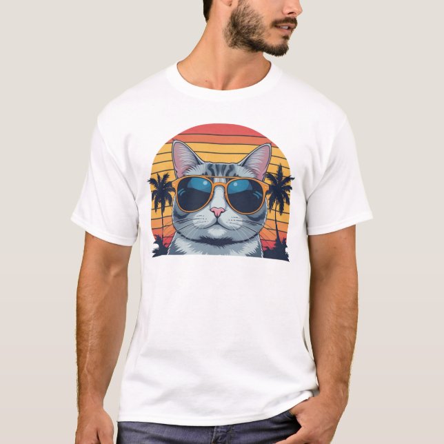 Cat Daddy Sunglasses Sunset Retro Fur Dad Papa T-Shirt (Front)