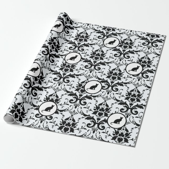 Cat Damask in Light Blue Wrapping Paper (Unrolled)