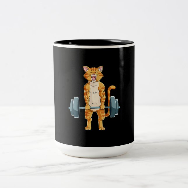 Cat Deadlift Powerlifting Gym Lifting Weights . Two-Tone Coffee Mug (Center)