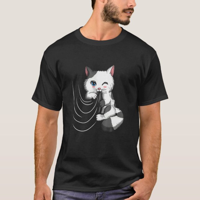 Cat Design Cat Cuddles With Duvet Plays With Curta T-Shirt (Front)
